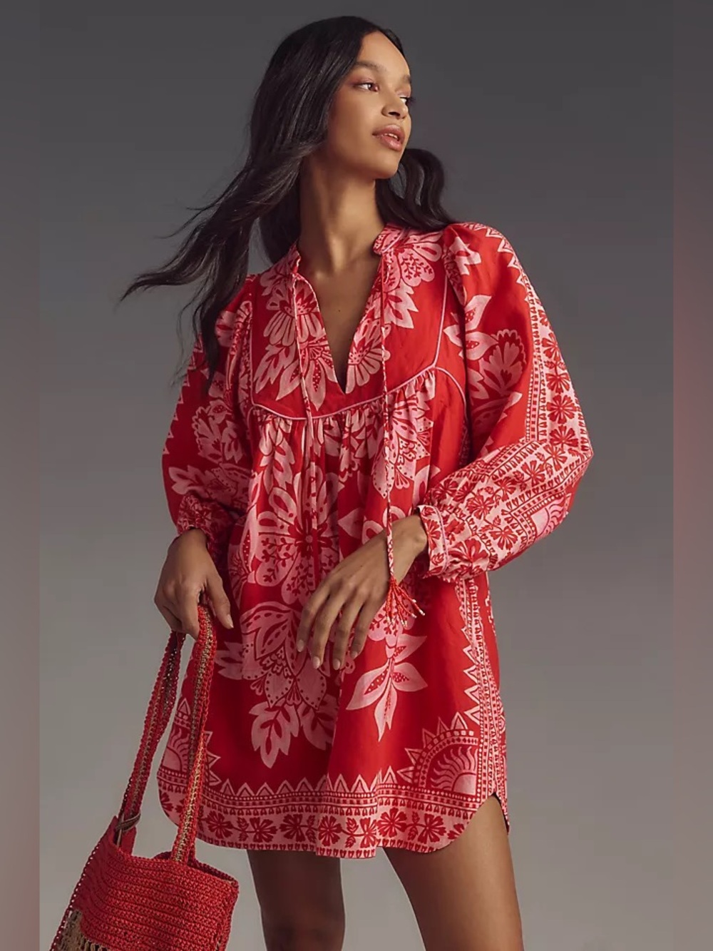 Farm Rio Flora Tapestry Red Long Sleeve Mini Dress